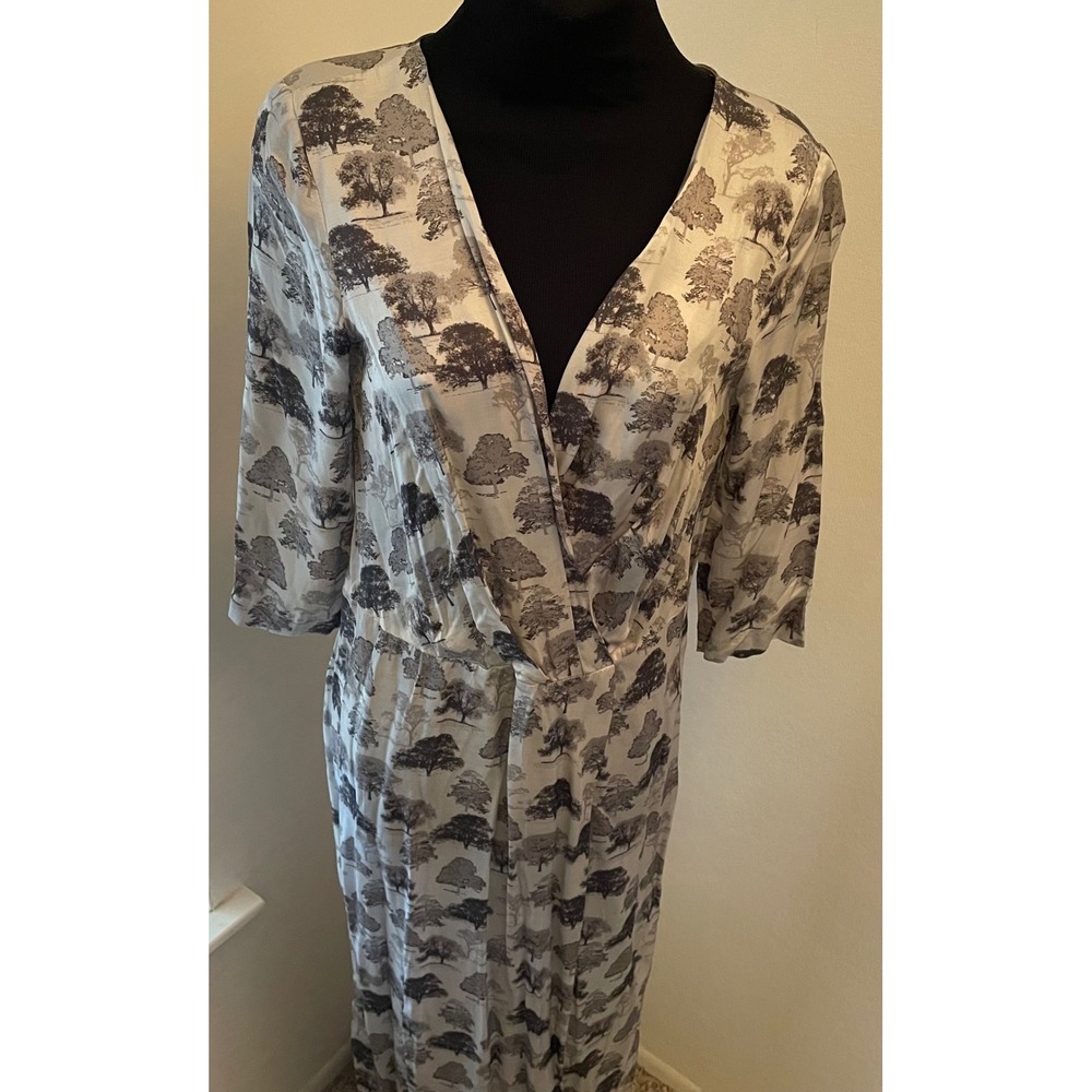 Brian Dales Italy Silk Blend Tree Print Wrap V-Neck Maxi Dress Gray White IT 44